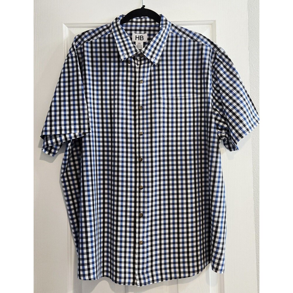 HB Harbor Bay 2XL Check Plaid Shirt Short Sleeve Button Down Blue Black White